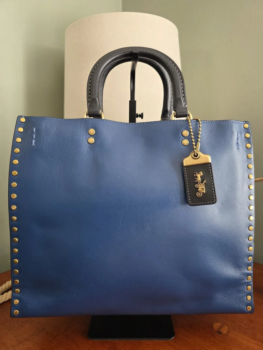 Coach CC381 Rogue 30 True Blue Colorblock Border Rivets Leather Satchel Bag